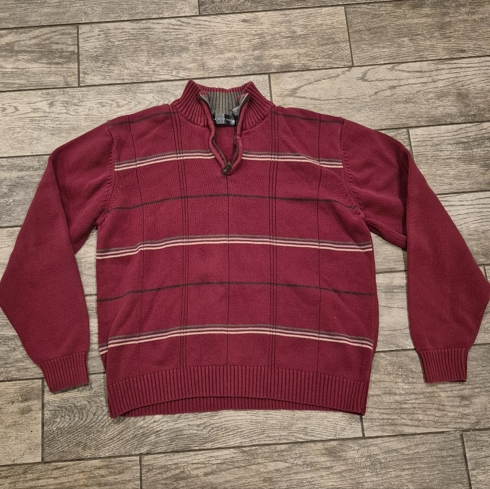 Oscar de la Renta 1/4 Zip Pullover Sweater XL Burgundy Striped 100% Cotton - Picture 1 of 6